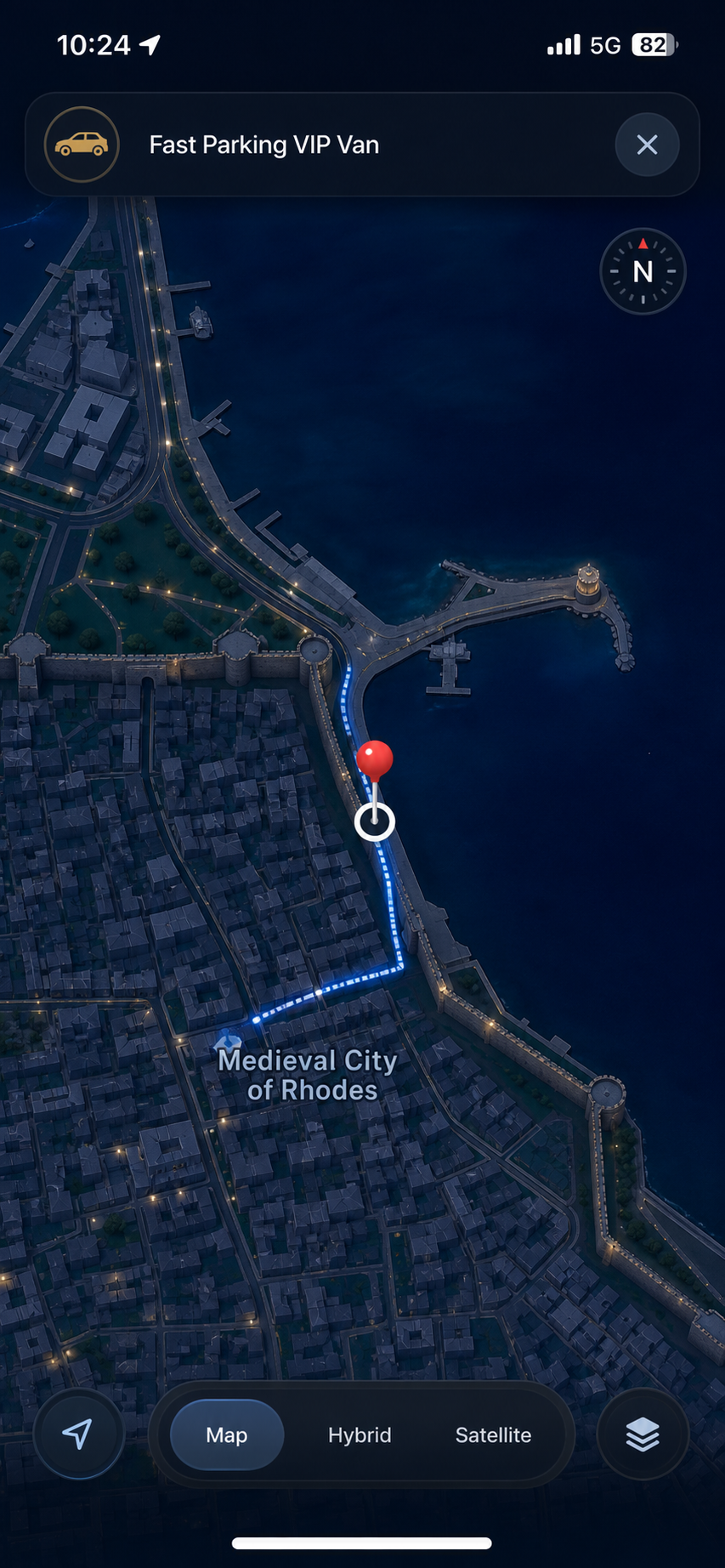 Map preview of the Fast Parking VIP pickup point near the Medieval City of Rhodes